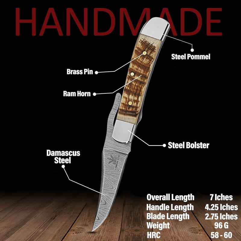 BE BREAK EDGE Handcrafted Damascus Steel Rus Lock Pocket Knife with Genuine Ram Horn Handle, Traditional Folding Blade - Image 2